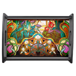 Art nouveau stained glass floral serving tray