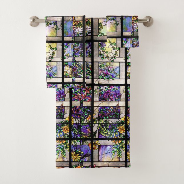 Art Nouveau Stained Glass Flowers Bath Towel Set (Insitu)