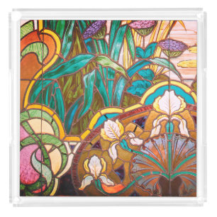 Art nouveau stained glass look floral acrylic tray