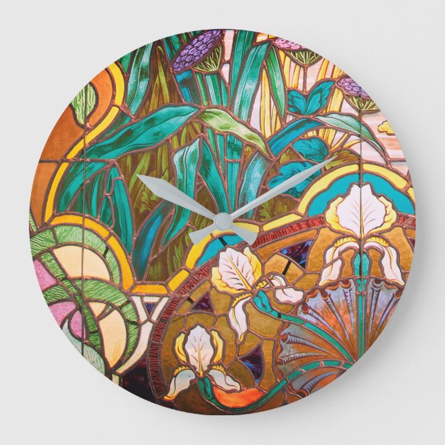 Art nouveau stained glass look floral large clock (Front)