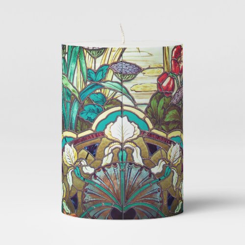 Art nouveau stained glass look floral pillar candle