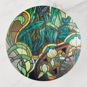 Art nouveau stained glass look floral trinket tray