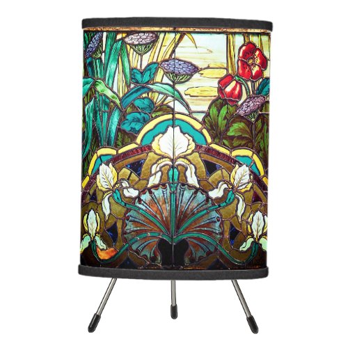 Art nouveau stained glass look floral tripod lamp