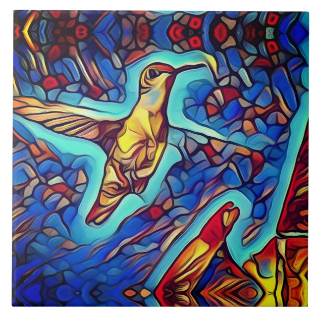 Art Nouveau Stained Glass Look Hummingbird  Ceramic Tile (Front)