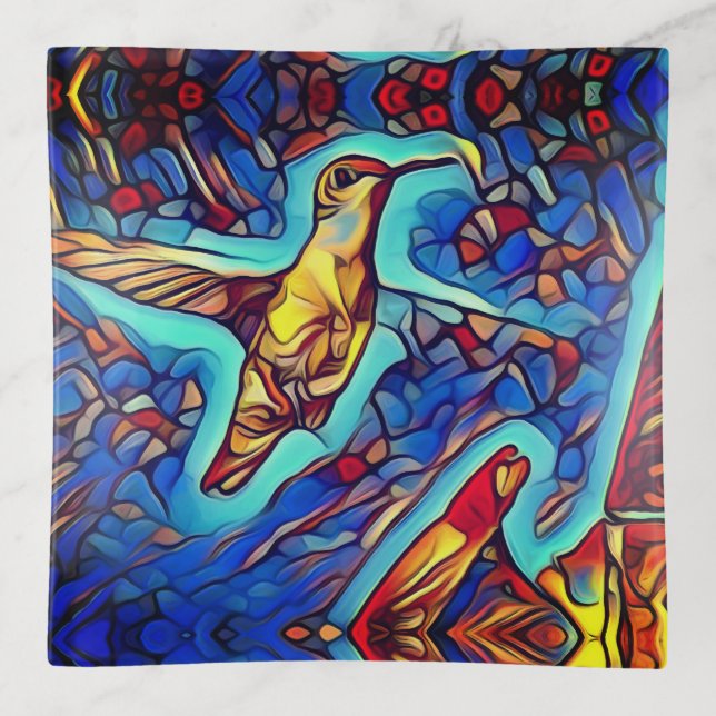 Art Nouveau Stained Glass Look Hummingbird  Trinket Tray (Front)