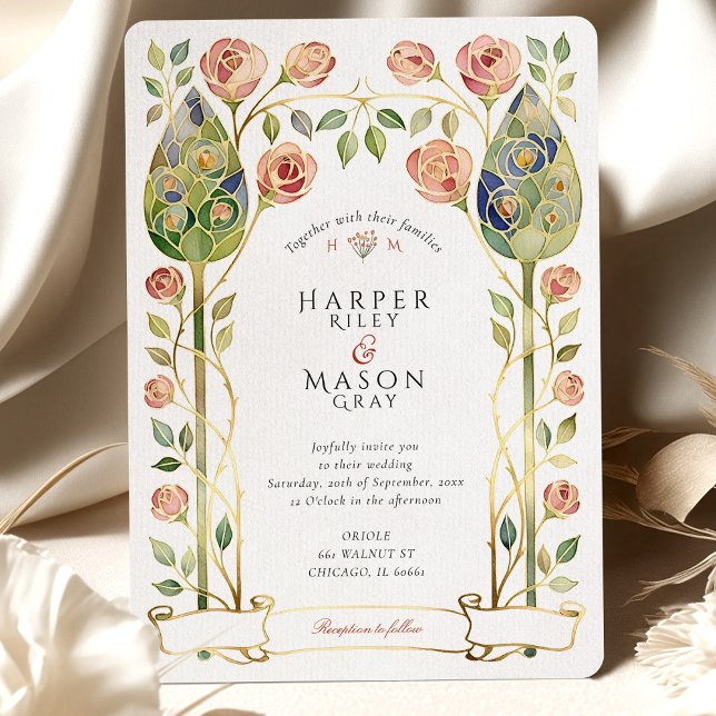 Art Nouveau Stained Glass Rose Gold Wedding Invitation (Creator Uploaded)