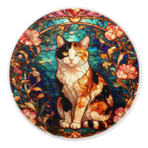 Art Nouveau Stained Glass Style Calico Cat Ceramic Knob