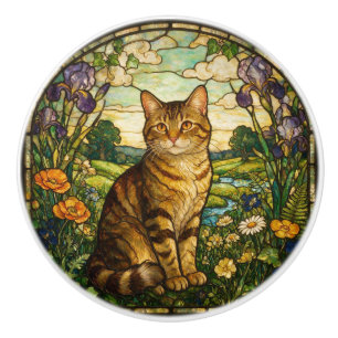 Art Nouveau Stained Glass Style Tabby Cat Ceramic Knob