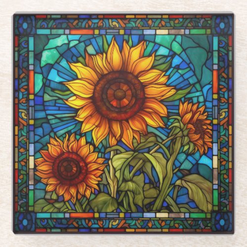 Art Nouveau Stained Glass Sunflower Glass Coaster