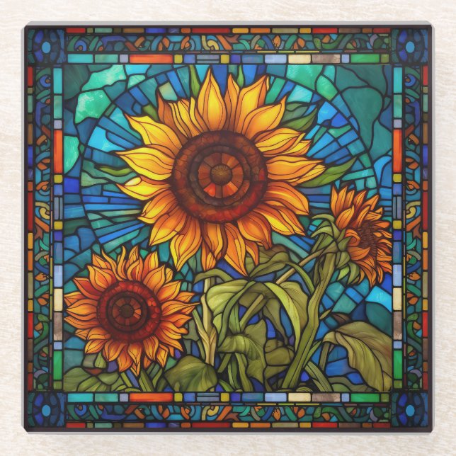 Art Nouveau Stained Glass Sunflower Glass Coaster (Front)
