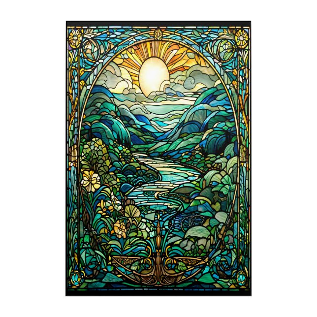 Art Nouveau Stained Glass Sunrise Landscape Art (Front)