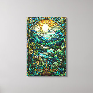 Art Nouveau Stained Glass Sunrise Landscape Art Canvas Print