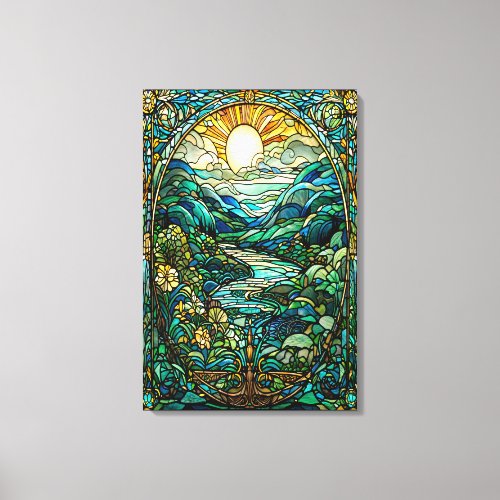 Art Nouveau Stained Glass Sunrise Landscape Art Canvas Print