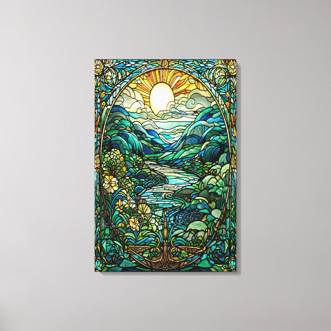 Art Nouveau Stained Glass Sunrise Landscape Art Canvas Print (Front)
