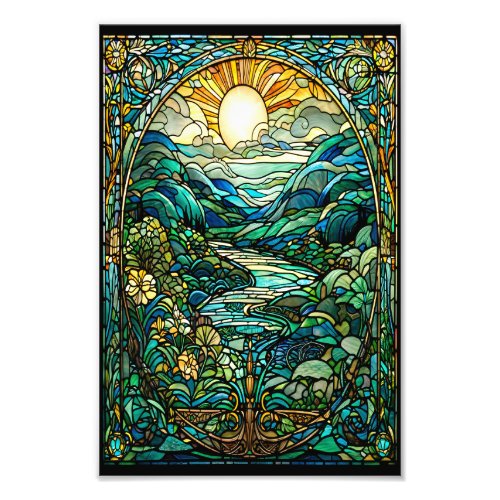 Art Nouveau Stained Glass Sunrise Landscape Art Photo Print