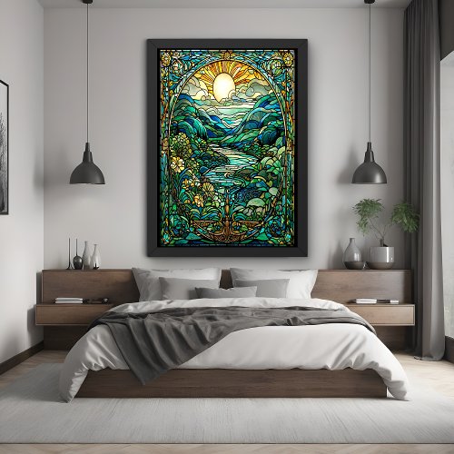 Art Nouveau Stained Glass Sunrise Landscape Art Poster