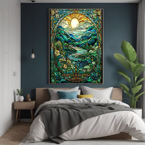 Art Nouveau Stained Glass Sunrise Landscape Art Poster