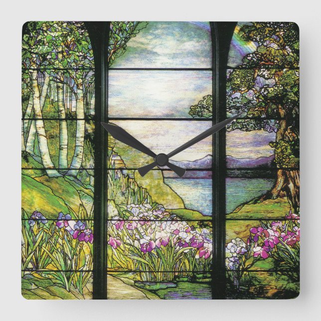 Art Nouveau Stained Glass Tiffany Nature Square Wall Clock (Front)