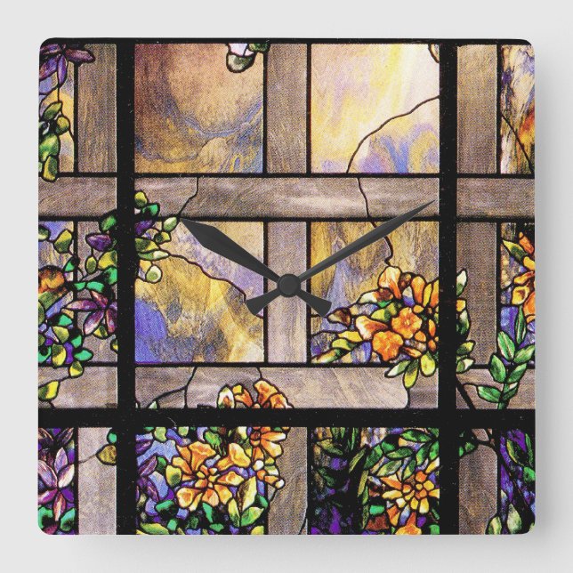 Art Nouveau Stained Glass Tiffany Nature Square Wall Clock (Front)