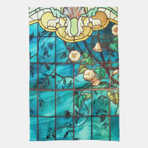 Art nouveau stained glass window floral Victorian Kitchen Towel
