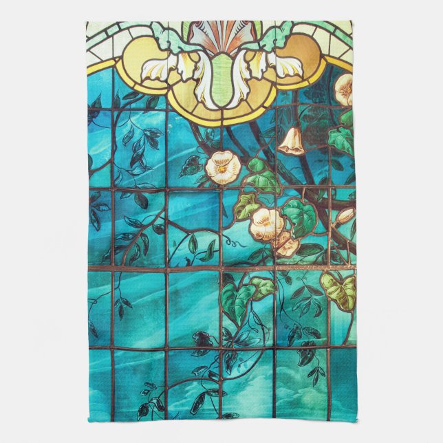 Art nouveau stained glass window floral Victorian Kitchen Towel (Vertical)