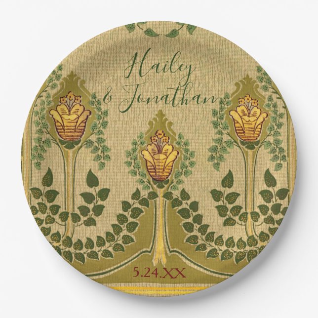 Art Nouveau Stems Tulip Flower Small Ivy Leaves Paper Plates (Front)