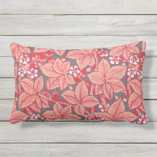 Art Nouveau Strawberries and Leaves, Coral Orange Lumbar Pillow