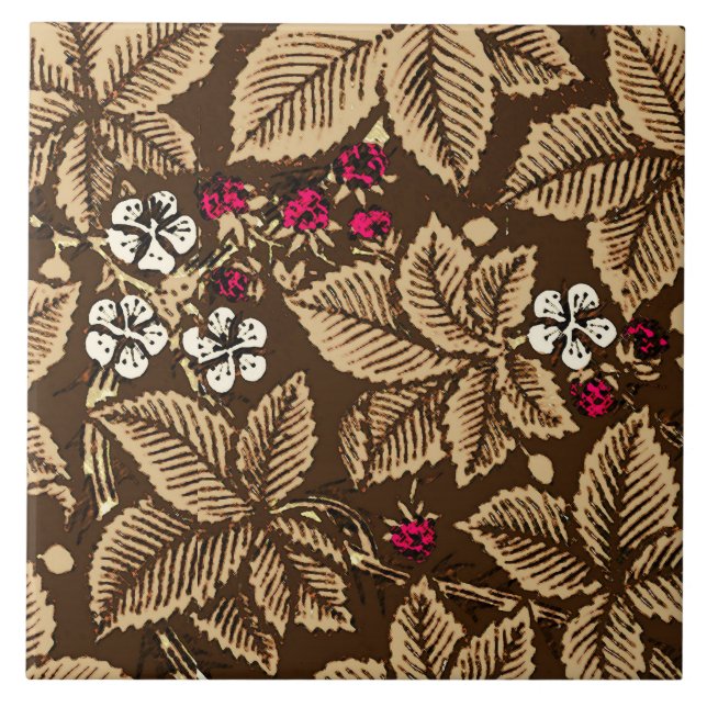 Art Nouveau Strawberries and Leaves,  Dark Brown Tile (Front)