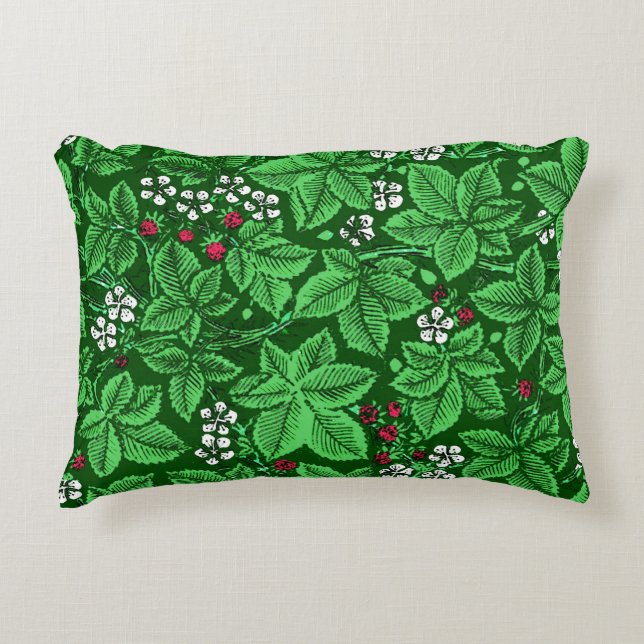 Art Nouveau Strawberries and Leaves, Emerald Green Decorative Pillow (Front)