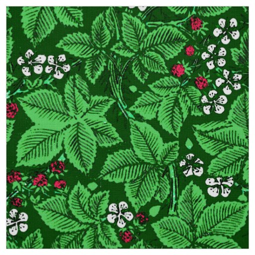 Art Nouveau Strawberries and Leaves, Emerald Green Fabric