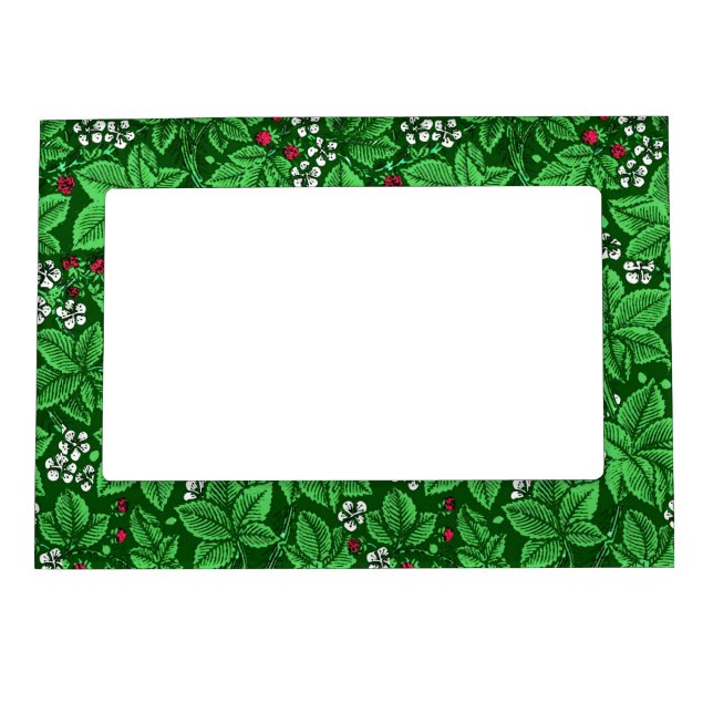 Art Nouveau Strawberries and Leaves, Emerald Green Magnetic Picture Frame (Front)