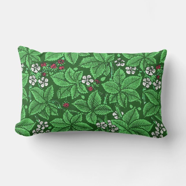 Art Nouveau Strawberries and Leaves, Emerald Green Outdoor Pillow (Front)
