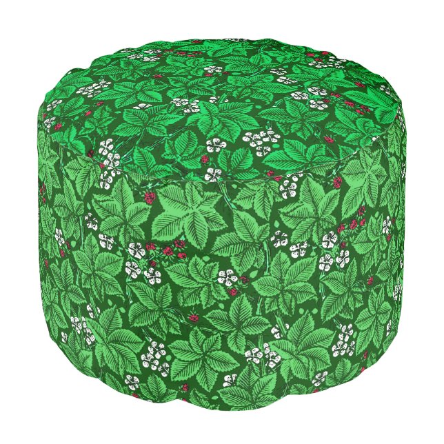 Art Nouveau Strawberries and Leaves, Emerald Green Pouf (Angled Front)