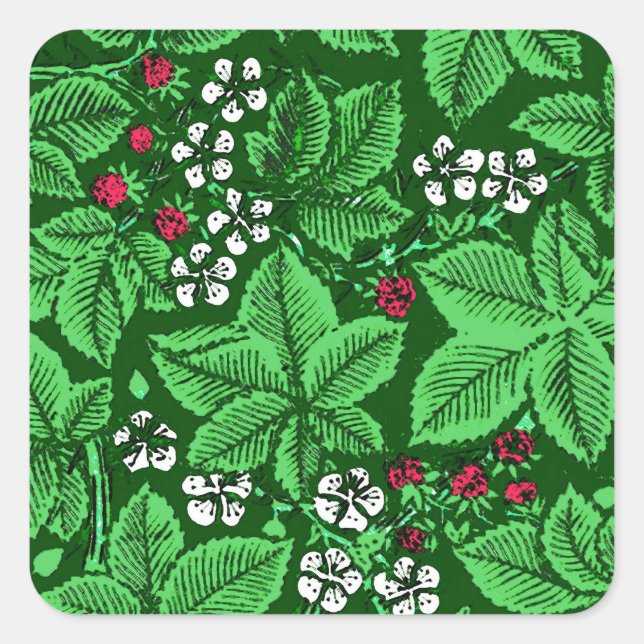 Art Nouveau Strawberries and Leaves, Emerald Green Square Sticker (Front)
