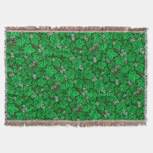 Art Nouveau Strawberries and Leaves Emerald Green Throw Blanket