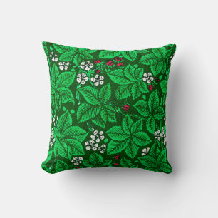 Art Nouveau Strawberries and Leaves, Emerald Green Throw Pillow