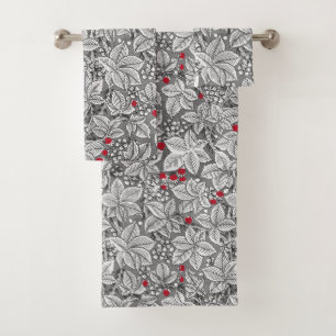 Art Nouveau Strawberries and Leaves, Gray & White Bath Towel Set