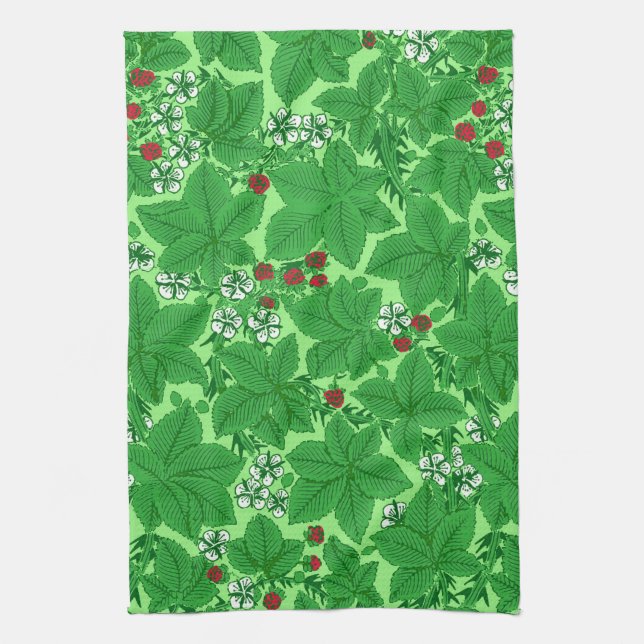 Art Nouveau Strawberries and Leaves, Lime Green Kitchen Towel (Vertical)