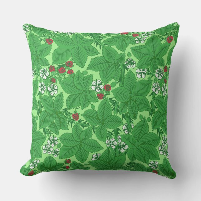 Art Nouveau Strawberries and Leaves, Lime Green Outdoor Pillow (Front)