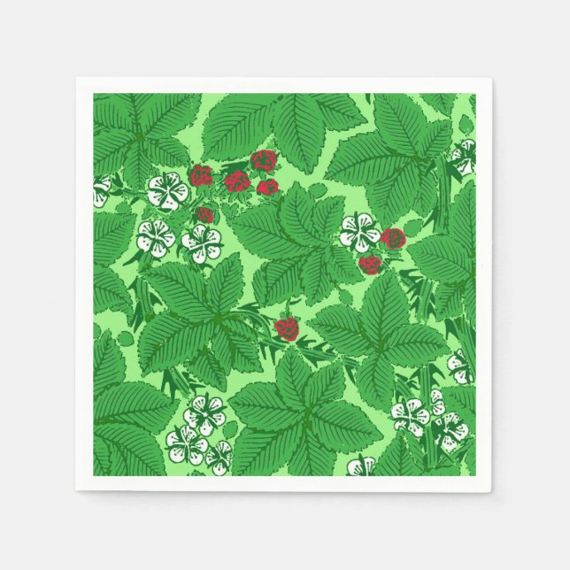 Art Nouveau Strawberries and Leaves, Lime Green Paper Napkins (Front)