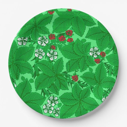 Art Nouveau Strawberries and Leaves Lime Green Paper Plates