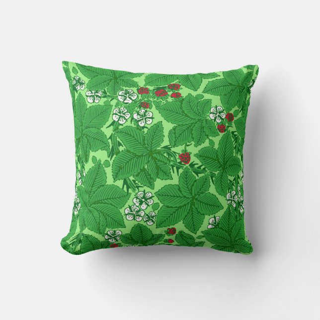 Art Nouveau Strawberries and Leaves, Lime Green Throw Pillow (Front)