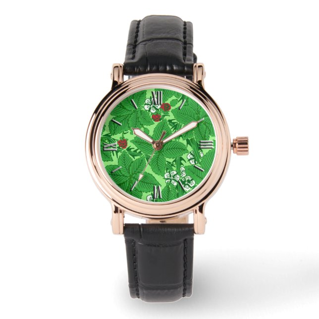 Art Nouveau Strawberries and Leaves, Lime Green Watch (Front)