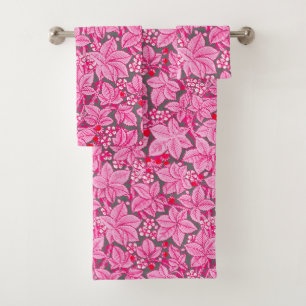 Art Nouveau Strawberries and Leaves, Pink and Gray Bath Towel Set