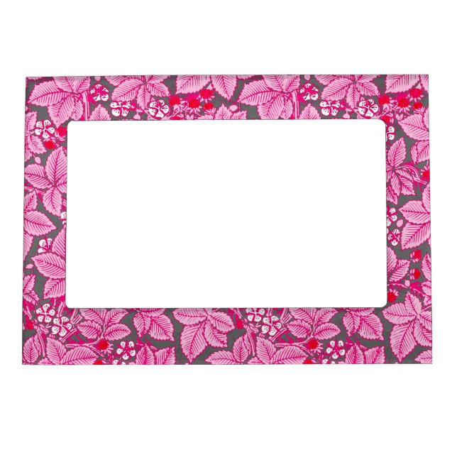 Art Nouveau Strawberries and Leaves, Pink and Gray Magnetic Picture Frame (Front)