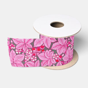 Art Nouveau Strawberries and Leaves, Pink and Gray Satin Ribbon