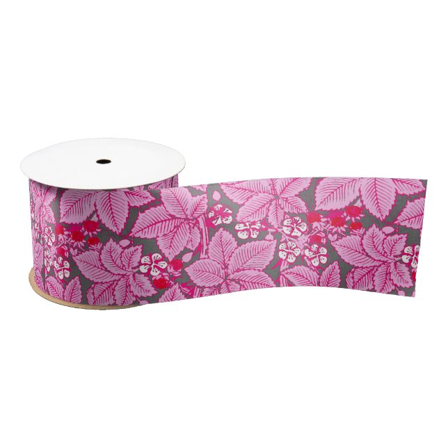 Art Nouveau Strawberries and Leaves, Pink and Gray Satin Ribbon (Spool)
