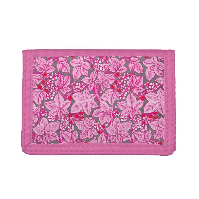Art Nouveau Strawberries and Leaves, Pink and Gray Trifold Wallet (Front)