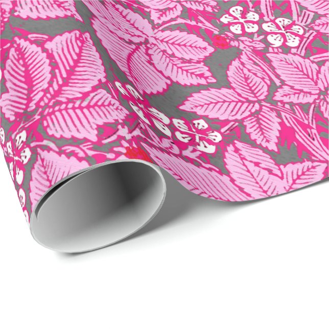 Art Nouveau Strawberries and Leaves, Pink and Gray Wrapping Paper (Roll Corner)