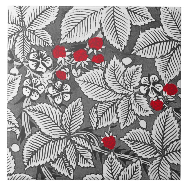 Art Nouveau Strawberries and Leaves, Silver Gray Ceramic Tile (Front)